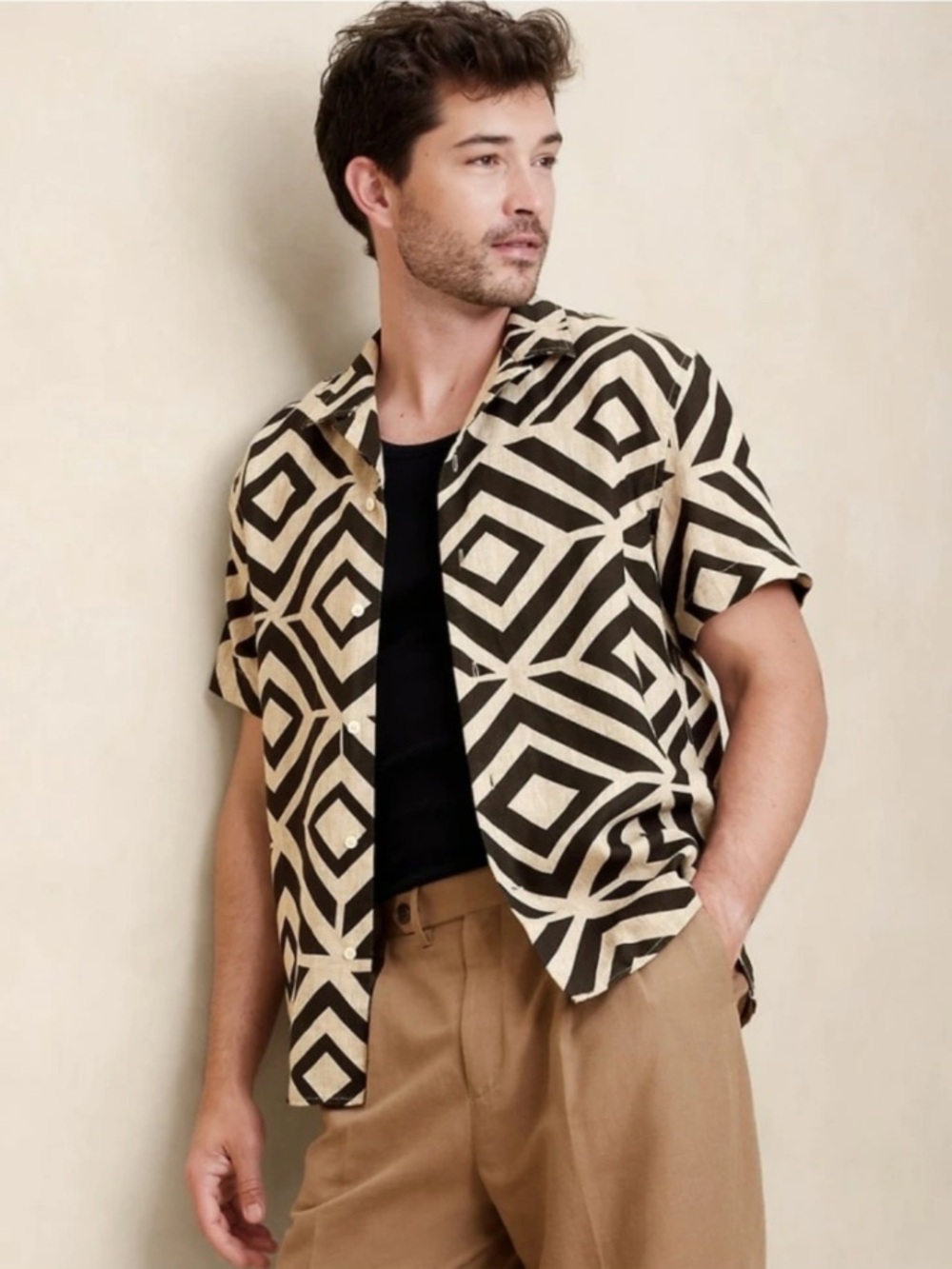 Men's Banana Republic Geometric Print Resort Linen Button-Up Shirt Tan Small